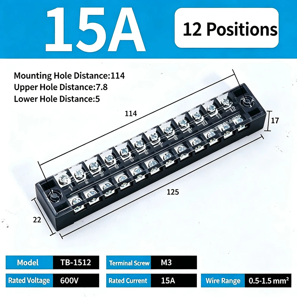 1Pc Dual Row Screw Terminal Block TB1503-TB1520 15A Fixed Wiring Strip Wire Connector