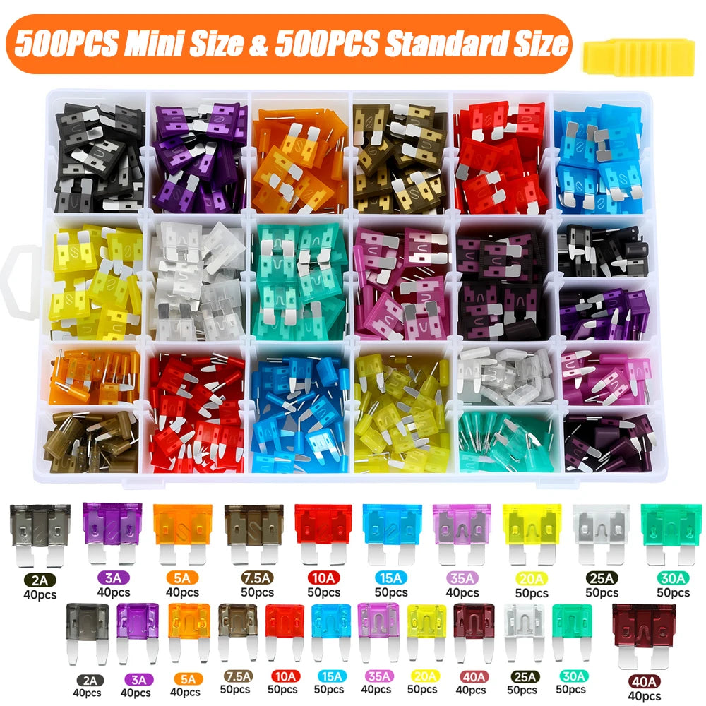 1000/306/120/50PCS Car Fuses Assortment Kit, Mixed Vehicle Blade Fuses - Standard & Mini & Low Profile Mini Fuse
