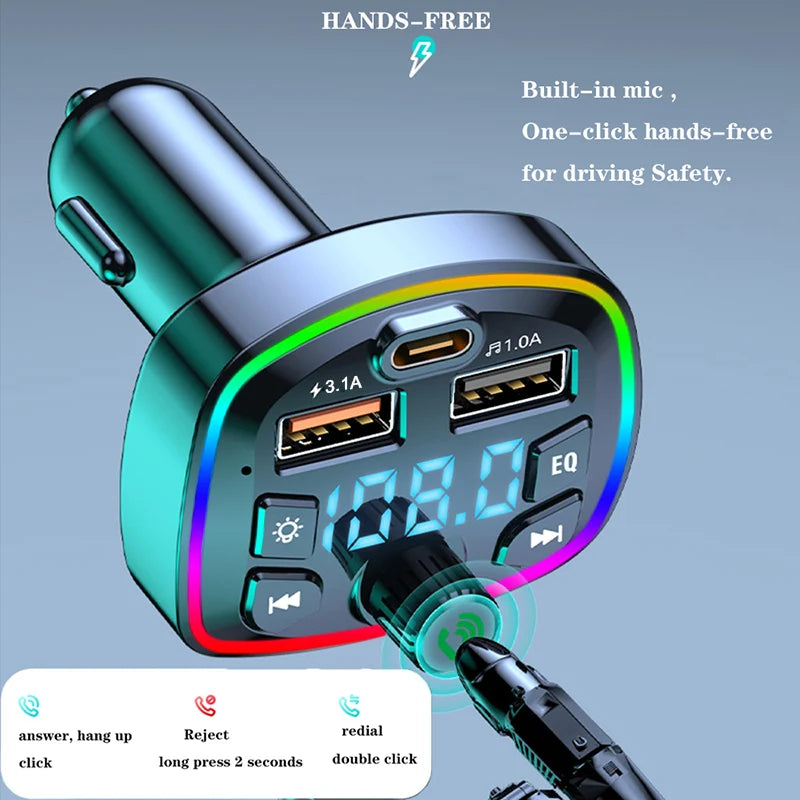 General Car Charger Bluetooth 5.0 FM Transmitter Handsfree PD Type-C Dual USB Ambient Player MP3 Charger Type-C Wireless Light