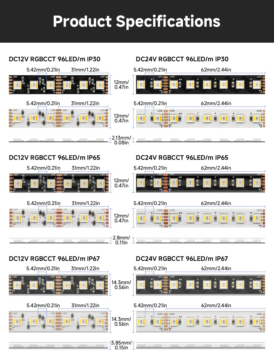 12V 24V 5050 RGBCCT 5 in 1 LED Light 5m 96 Leds/m 6pin RGBW RGBCW RGBWW RGB WW CW 2700K-6500K Strip Lights Black White PCB Tape