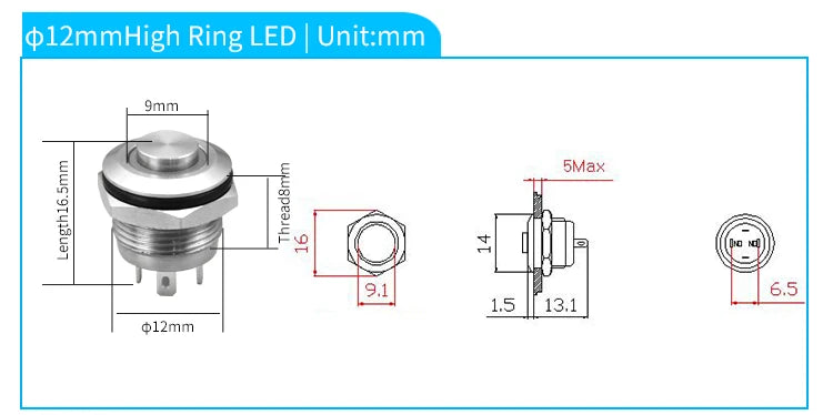 12mm 16mm 19mm 22mm Ultra Short Micro Stroke Stainless Steel Push Button Switch with LED Lamp Waterproof Self-reset/Momentary