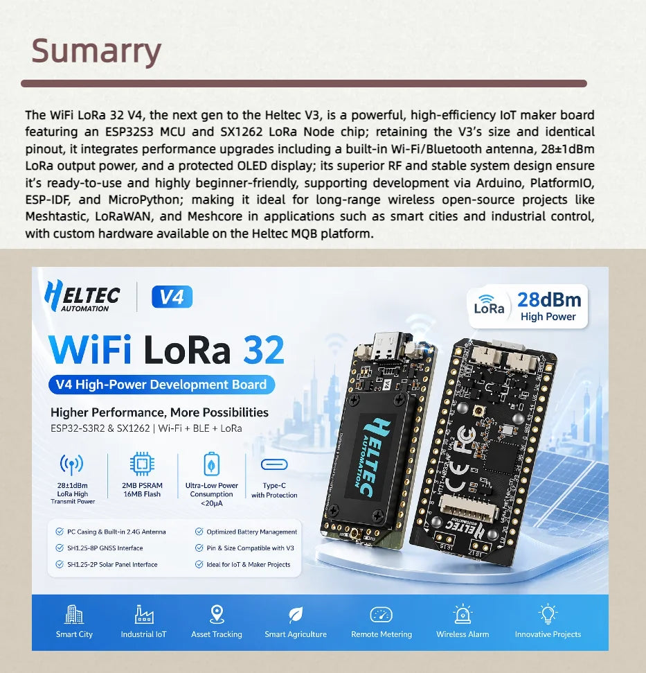 Heltec ESP32 LoRa V4 Development Board Meshtastic Upgraded 863-928 MHz 16MB Flash ESP32-S3 SX1262 for IOT Arduino Meshcore