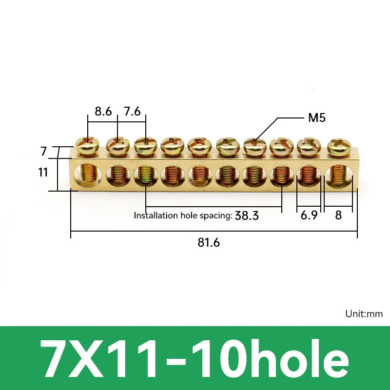 1 PCS Multi Specification Brass Ground Strip 5/6/7/8/9/10/12/15/20 Hole Brass Rod Grounding Terminal Ground Bar Terminal Strip