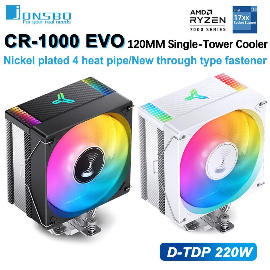 JONSBO CR-1000 EVO Tower CPU Cooler Nickel Plated 4 Heat Pipe 5V 3PIN ARGB Fan Air-Cooled Radiator For LGA1700 115X 1200 AM4 AM5