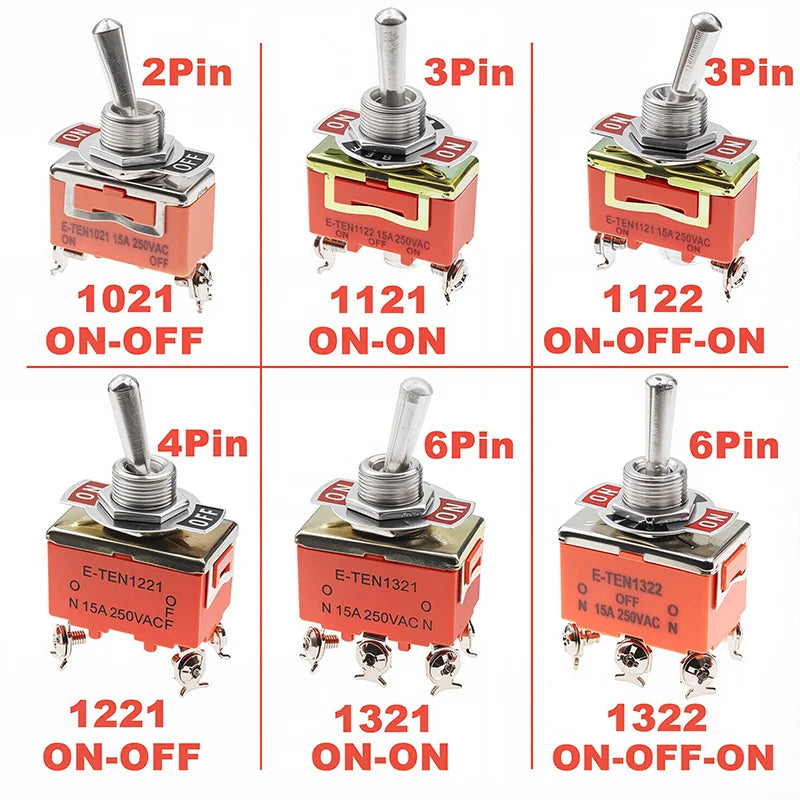 5pcs Toggle Switch SPST DPDT 250V 15A Latching ON-OFF ON-ON ON-OFF-ON 1021 1121 1221 1322 Power Button Switch Rocker Switch