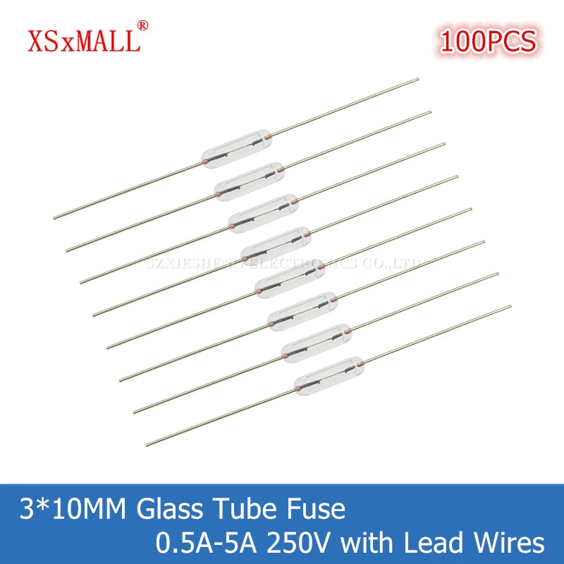100PCS 3*10MM Fast-Blow Glass Tube Fuse with Lead Wires 0.5A 1A 1.5A 2A 2.5A 3A 4A 5A 250V Axial Fast Glass Fuse with Lead Wire