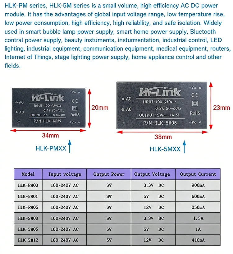 HLK-PM01 PM03 PM12 5M05 5M03 5M12 AC-DC Power Module, 220V to 5V/3.3V/12V Mini Converter for Smart Home IoT Device