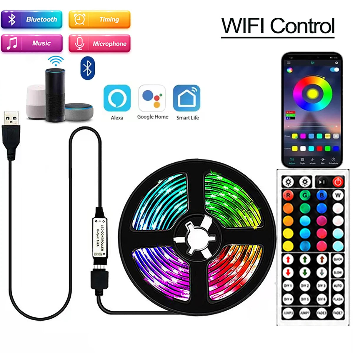 18/LEDs Strip Lights RGB 5050 5M 10M 20M 30M Bluetooth WIFI IR Control Music Sync 5V For Bedroom TV Wall Living Room Decor Party