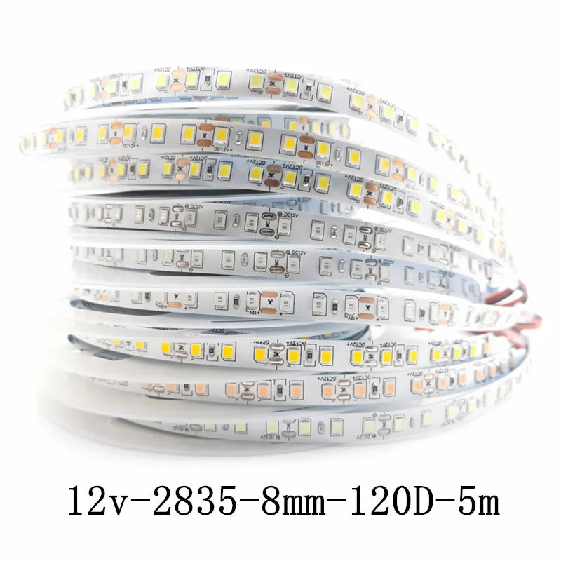 12V LED Strip 2835 8mm 5m IP20 Non Waterproof 120LEDs/m Blue/Red/Green/White /Warm White/Yellow/Pink/Natural White/Ice blue