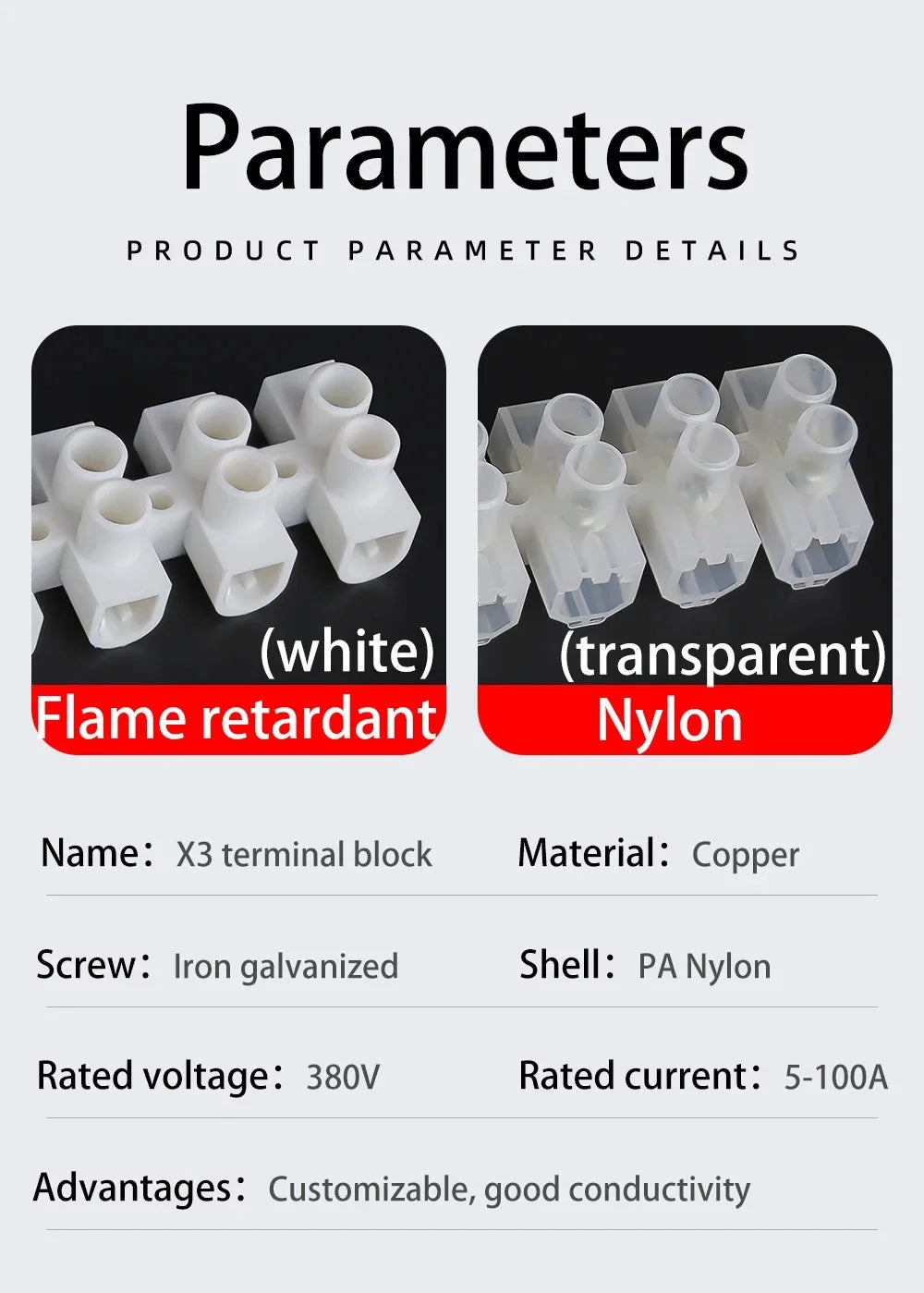 12 Position Barrier Screw X3-1012 Nylon Plastic Terminal Block 20A Transparent White Copper 380V Wire Connector Dual Row