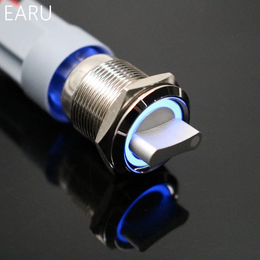 19mm 2 3 Position Switch Push Button Switch DPDT Illuminated Metal selector Rotary Switch with LED Waterproof Stainless Steel