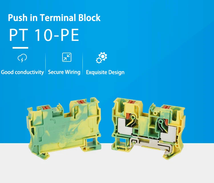 PT10-PE Push-in Ground Feed Through Din Rail Terminal Block 10mm² Protective Earth Plug Wire Electrical Connector PT 10-PE