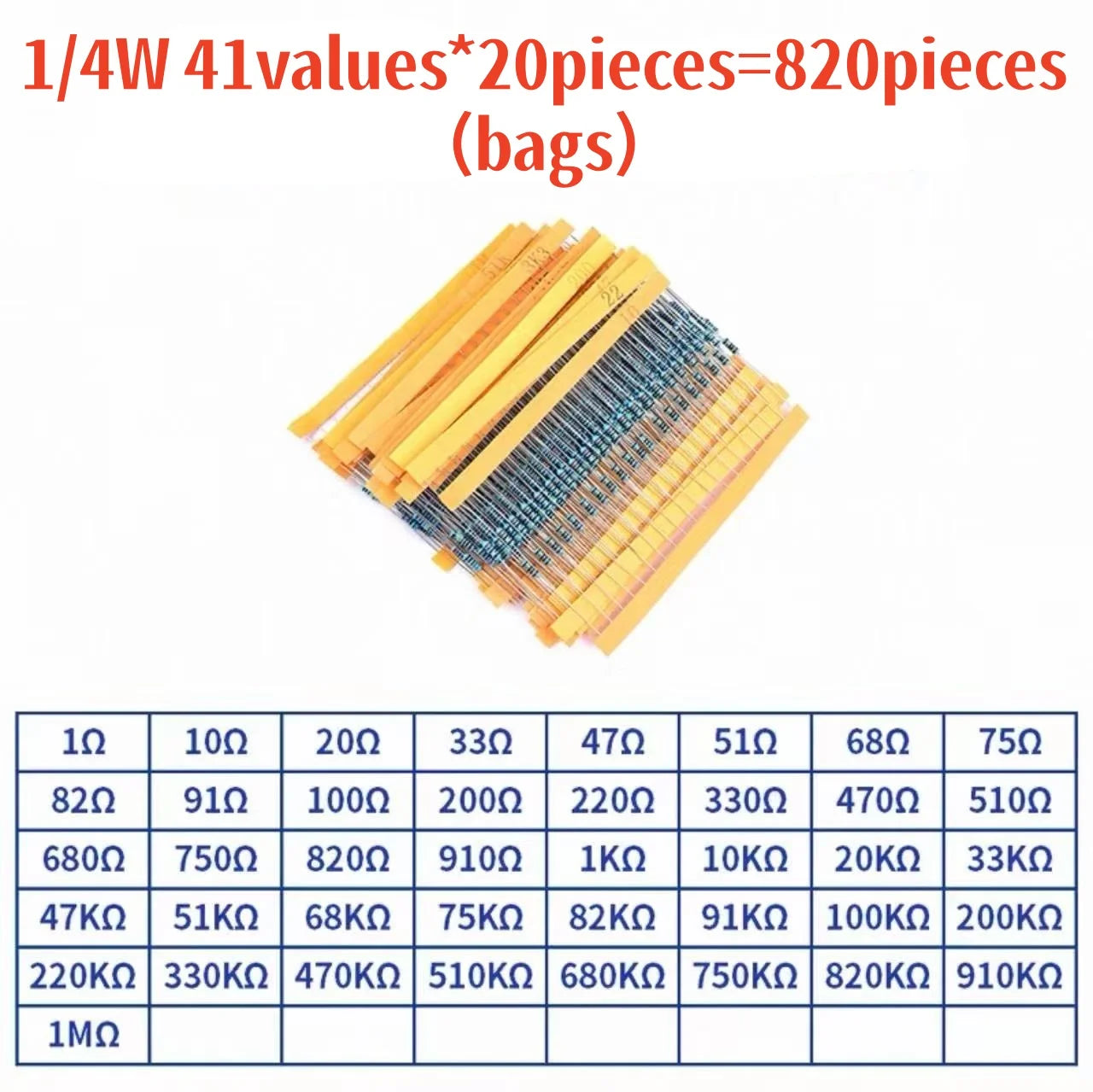 300pcs/600pcs/820pcs 1% Resistor Set Resistance 1/4W Metal Film Resistors Kit 10Ohm ~1M Ohm 30Values Electronic Components Kit