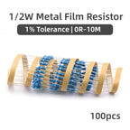 100pcs 1/2W Metal Film Resistor 1 1.2 1.5 10 12 15 100 120 150 R K Ohm 1K2 1K5 1%0.5W Five-color Ring Resistance 1K 10K 100K 10R