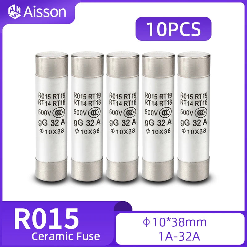 10Pcs 10*38 Fast Blow Ceramic Fuse 10x38mm 500V 1A 2A 3A 4A 5A 6A 8A 10A 16A 20A 25A 32A RO15 R015 RT19 RT14 RT18