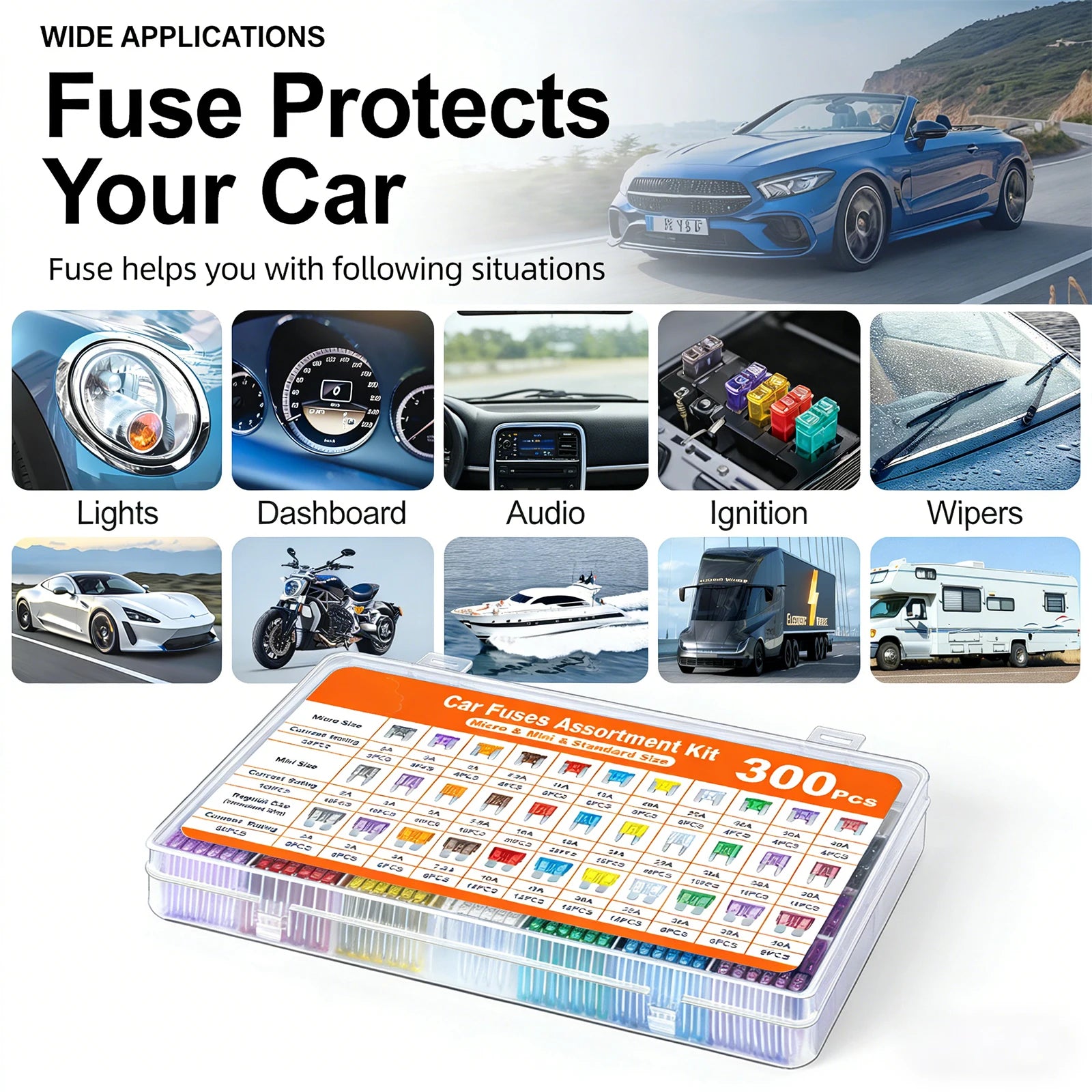 Car Blade Fuse 300/180/120pcs,Standard & Mini Fuses with Storage Box for Truck Motorcycle Boat RV 5A 10A 15A 20A 25A 30A 35A 40A