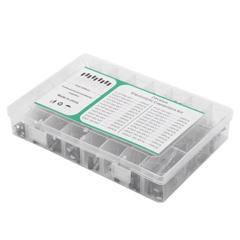 120/200/500pcs Radial Capacitors Set 12 15 24 Values 16V 25V 50V 0.1uF-1000uF Electrolytic Capacitor Assortment Kit Box