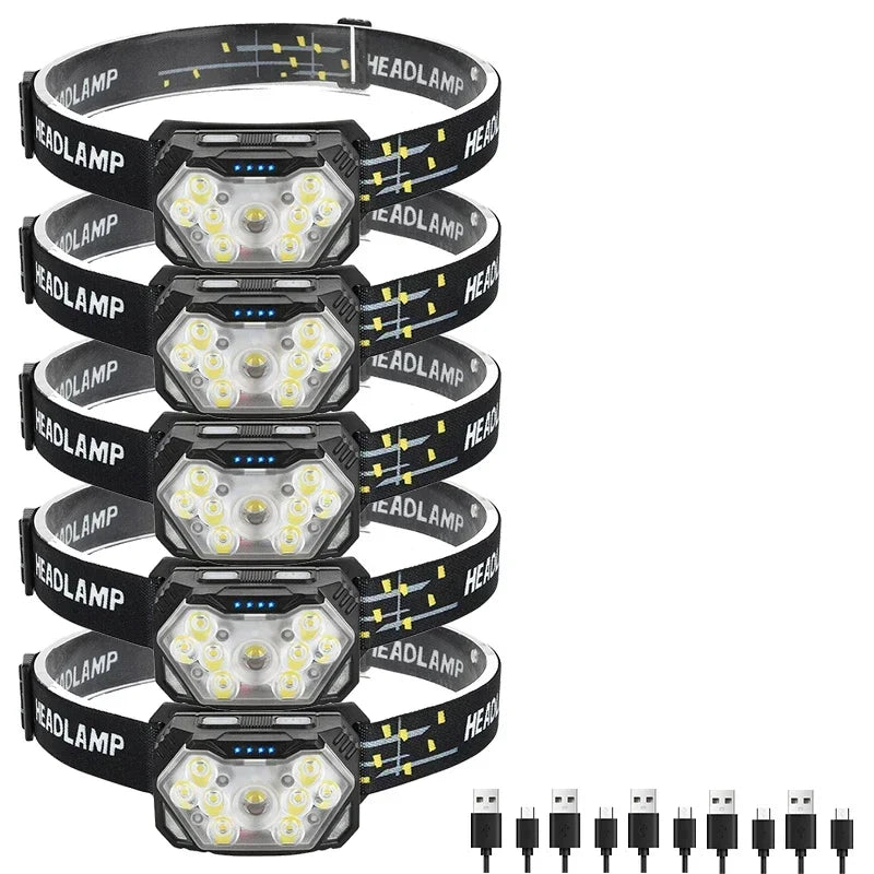 9 Led Strong Light Headlamp USB Rechageable Motion Sensor Headlight Portable Fishing Camping Outdoor Head Lamp 1200mah