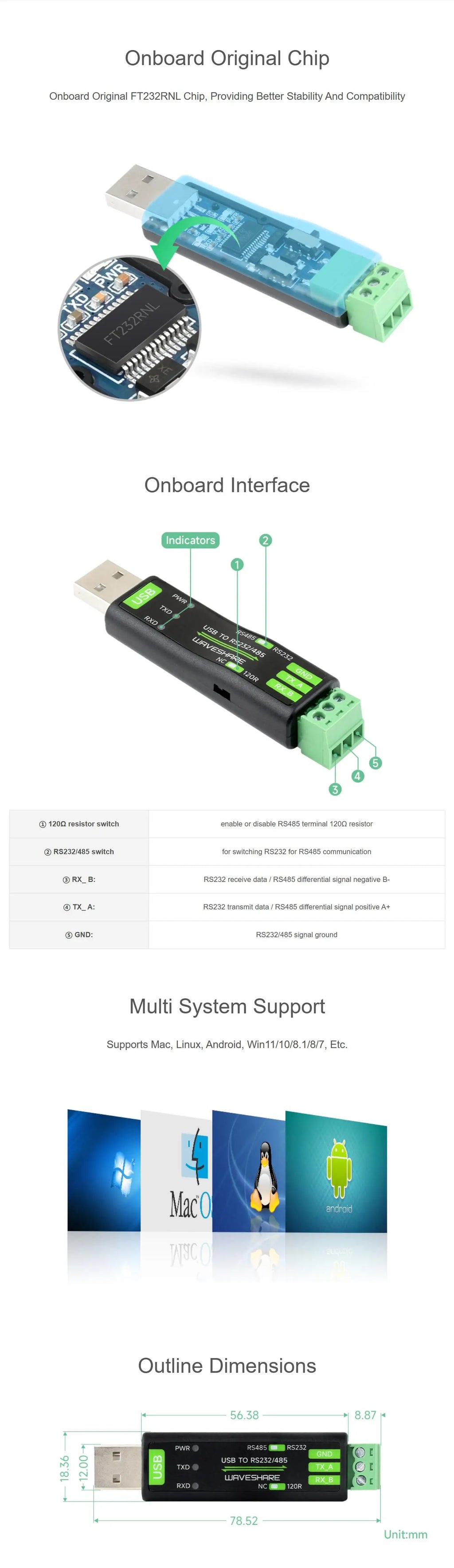 USB to RS232 RS485 Serial Converter Onboard Original FT232RNL Chip Multiple devices applicable, Multi-OS compatible