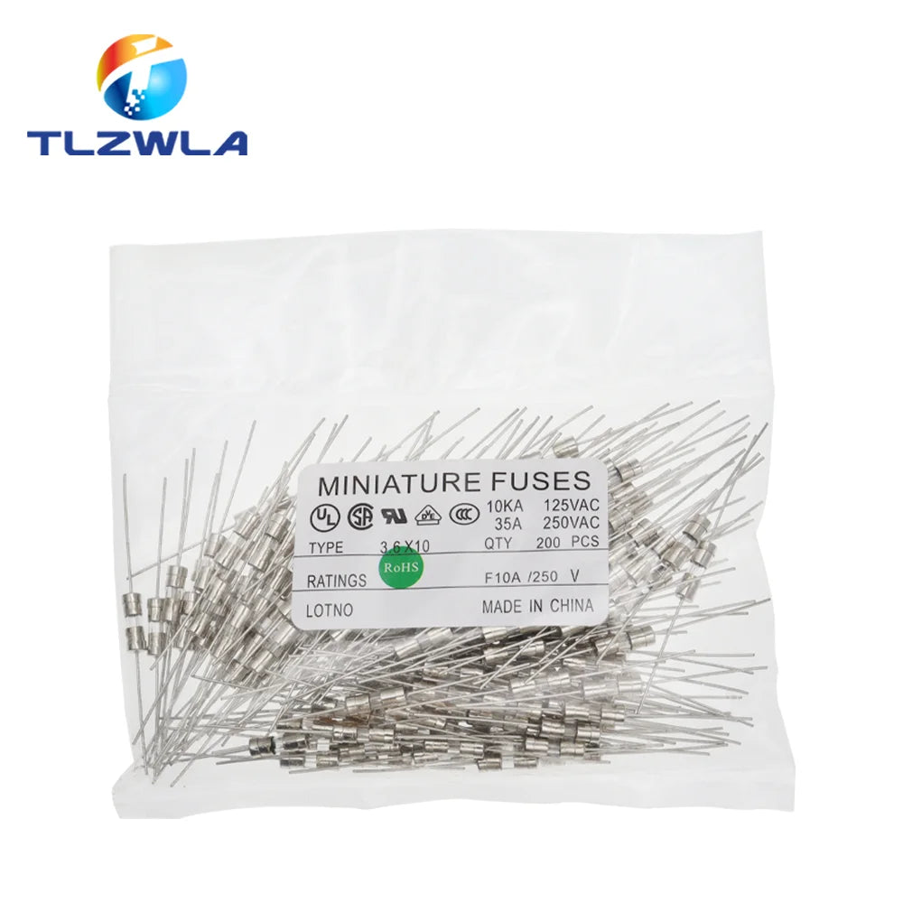 100PCS 3.6*10 Fast-Blow Glass Tube Fuse Fast Break With Pin 3.6X10MM 0.5A 1A 1.5A 2A 3A 3.15A 4A 5A 6.3A 8A 10A AMP 250V