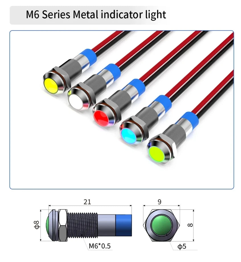 6mm LED waterproof metal indicator light signal light with wire 6V -12V -24V 24V 220V red/yellow/blue/green/white metal button