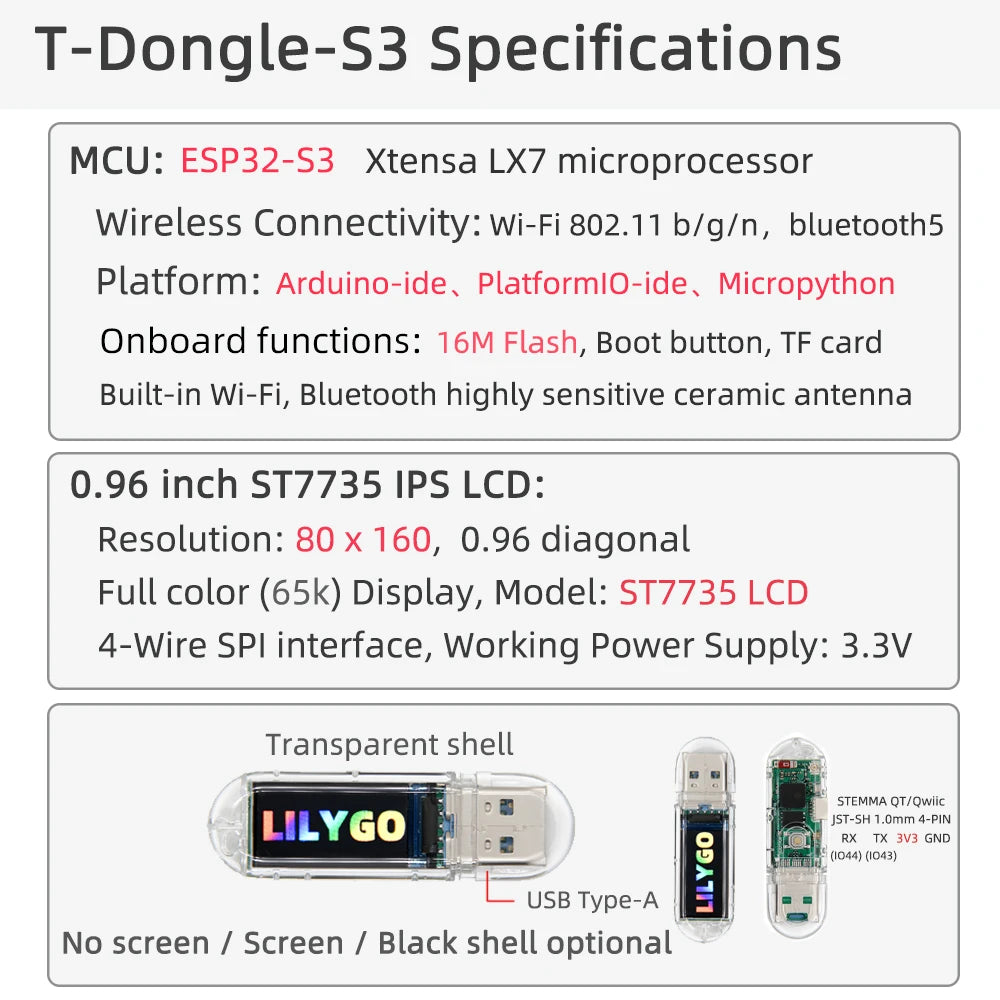 LILYGO® T-Dongle-S3 ESP32-S3 Development Board With Screen Dongle 0.96 inch ST7735 LCD Display Support WiFi Bluetooth TF Card