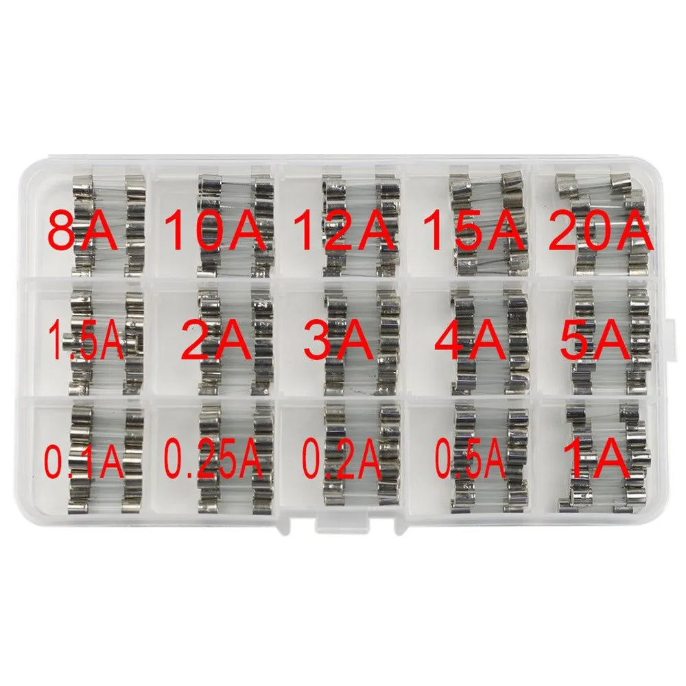 15 Values 150pcs Fast-Blow Glass Fuses Kit 5x20mm 250V 0.1 0.2 0.25 0.5 1 1.5 2 3 4 5 8 10 12 15 20A Packaging in Clear Plastic