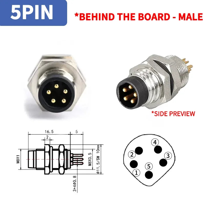 M8 A-Coded Sensor Connector – Panel Back Mount Waterproof Flange Socket & Plug, 3/4/5 Pin Male & Female Threaded Coupling