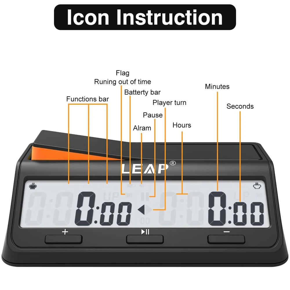 LEAP PQ9917 Chess Clock Digital Chess Timer for Board Game and Chess Timer with Bonus & Delay Count Down up Alarm Black/Orange