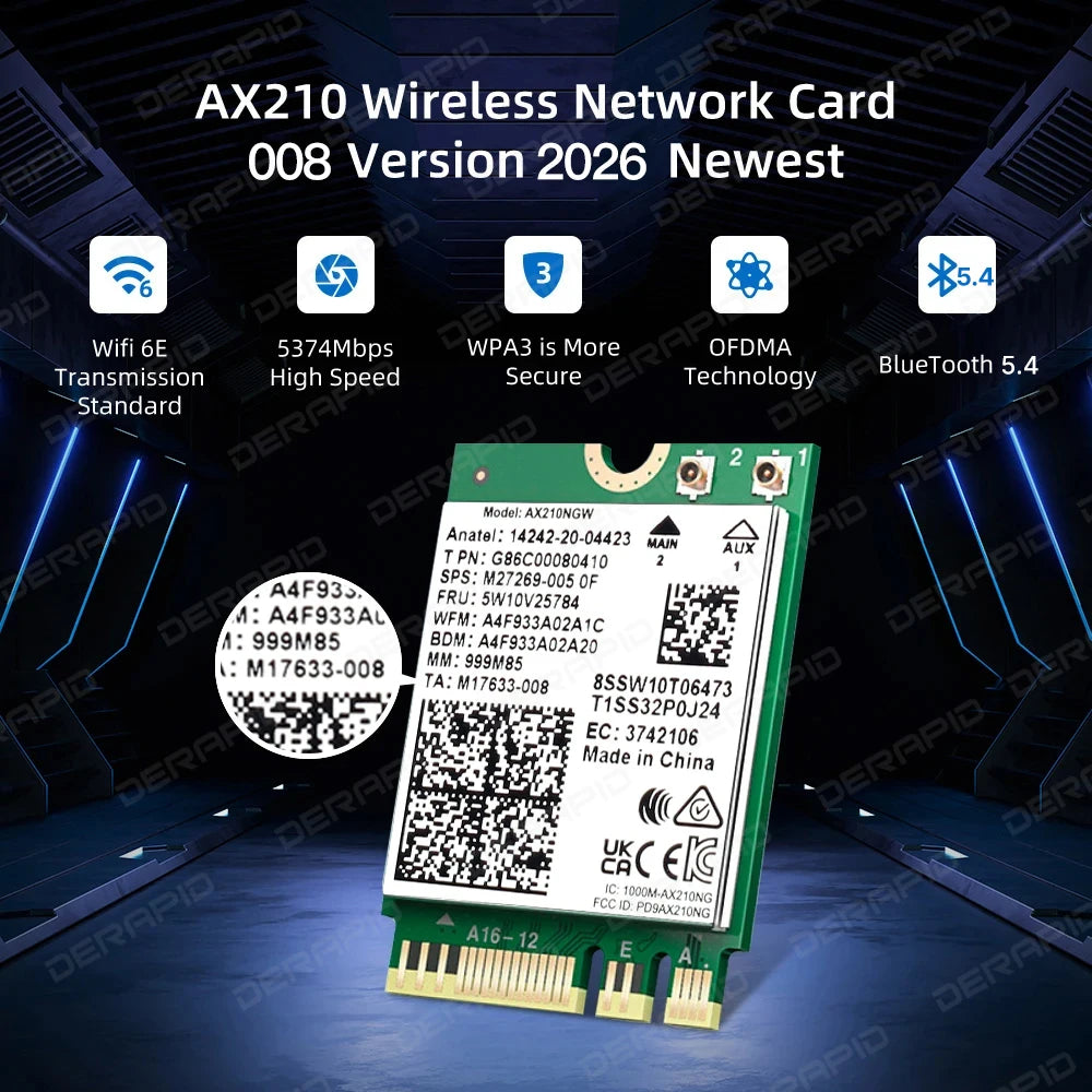 Tri Band WiFi6E AX210NGW 5400Mbps Bluetooth 5.4 802.11AX Wireless Wi-Fi 6E AX210 For Intel AX210NGW M.2 NGFF WiFi Card Win10/11