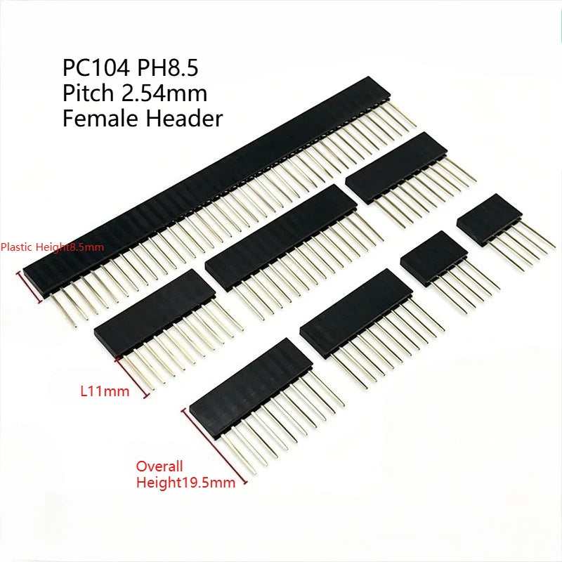 20pcs PC104 2.54mm Single Row 1X2P-40P Industrial Female Socket Single Row Rohs PH8.5mm Long Pin L11mm Female Header for Arduino