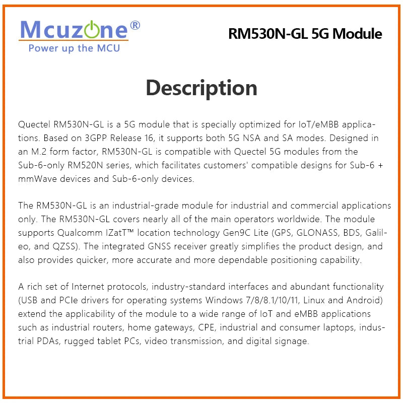 Original Quectel RM530N-GL 5G 4G 3G LTE-A Multi-mode Sub-6G MMWave M.2 Module Multi-constellation GNSS Receiver 3GPP R16