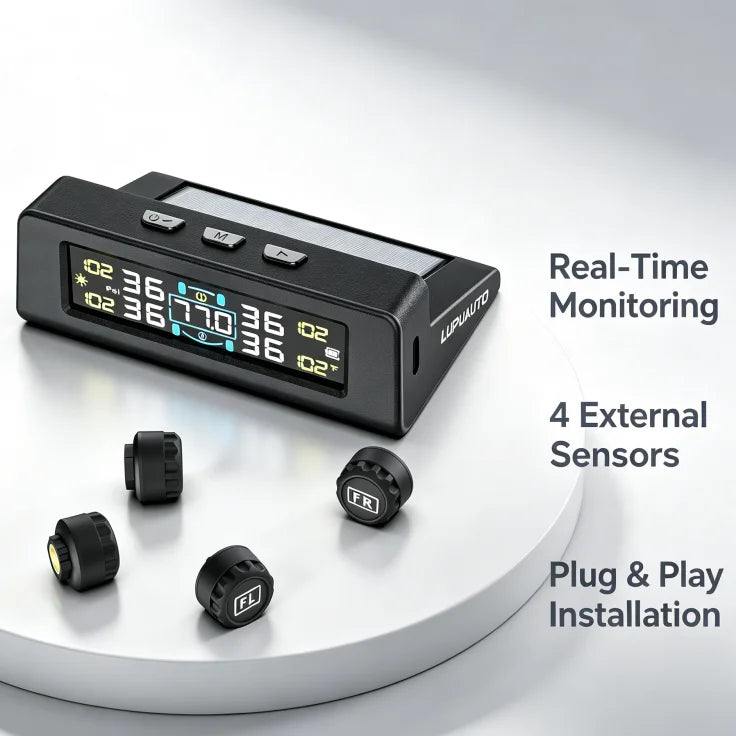TPMS Tire Pressure Monitoring System Car Safety Alarm System Wireless Solar&USB Powered 4 Sensors with Color Digital Display