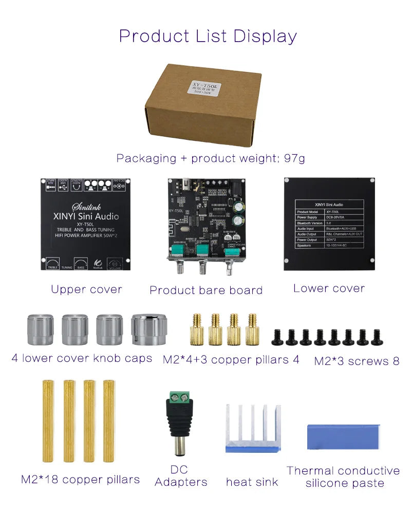 TPA3116D2 50W+50W Bluetooth 5.0 Subwoofer Amplifier Board 2.0 Channel High Power Audio Stereo AUX USB Bass CAR AMP t50l t50h