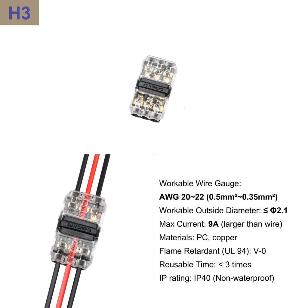 I-Type 1/2/3pin LED Wire Connector Quick Splice Cable Terminal Block for LED Strip, Audio, Car, Home Appliances Wiring AWG20-22