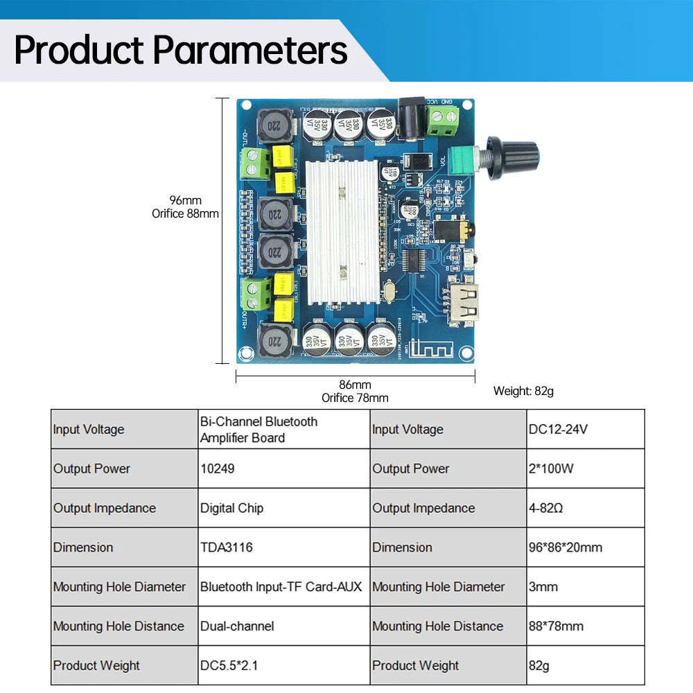 TPA3116 Bluetooth Amplifier Board BT5.0 Digital Dual-Channel 2*100W High Power Sound Audio Amplifier Module USB AUX Input