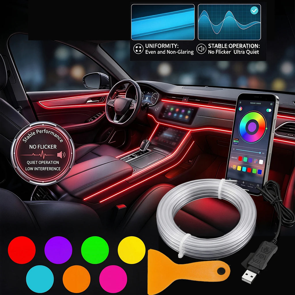 Car Interior Ambient LED Strip Lights RGB Fiber Optic Atmosphere Ultra-thin Heat-resistan Neon Lighting APP Control Decor Lamps