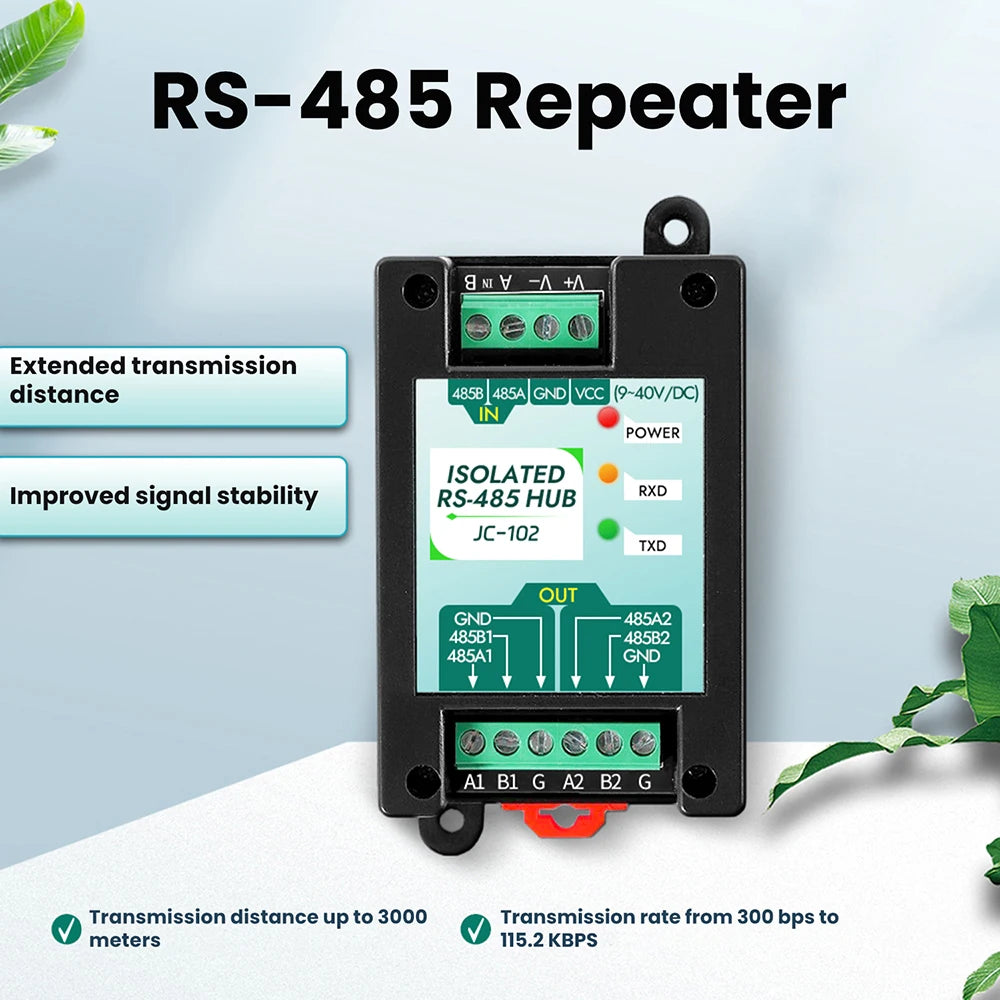 DC 9-40V RS485 2-Way Opto-Isolated Repeater Industrial-Grade 485 Hub 2-Port Anti-Interference Surge-Protected Signal Amplifier