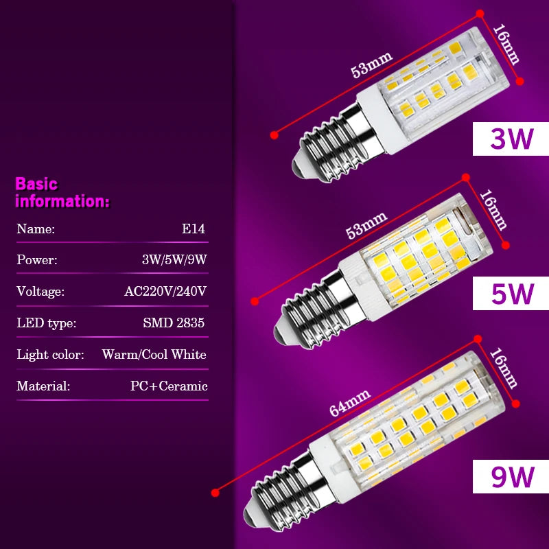 1-10pcs E14 LED Bulb Lamp 3W 5W 9W AC 220V-240V Mini Corn Bulb Light 2835SMD 360 Beam Angle Replace Halogen Chandelier Lights