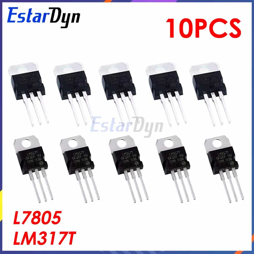 10PCS LM317T LM7805 TO-220 Linear Voltage Regulator Kit, 5V 12V Step Down Power Supply Stabilizer Module