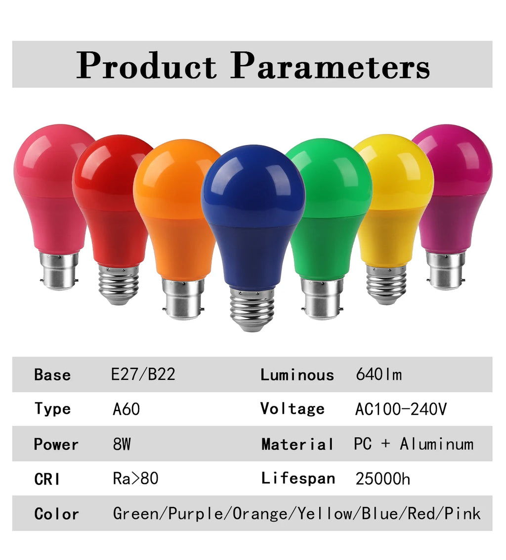 2-10pcs Colorful Bulb B22 E27 110V 220V Red Yellow Blue Green Pink Purple Orange Light Bulb Lamp for Home