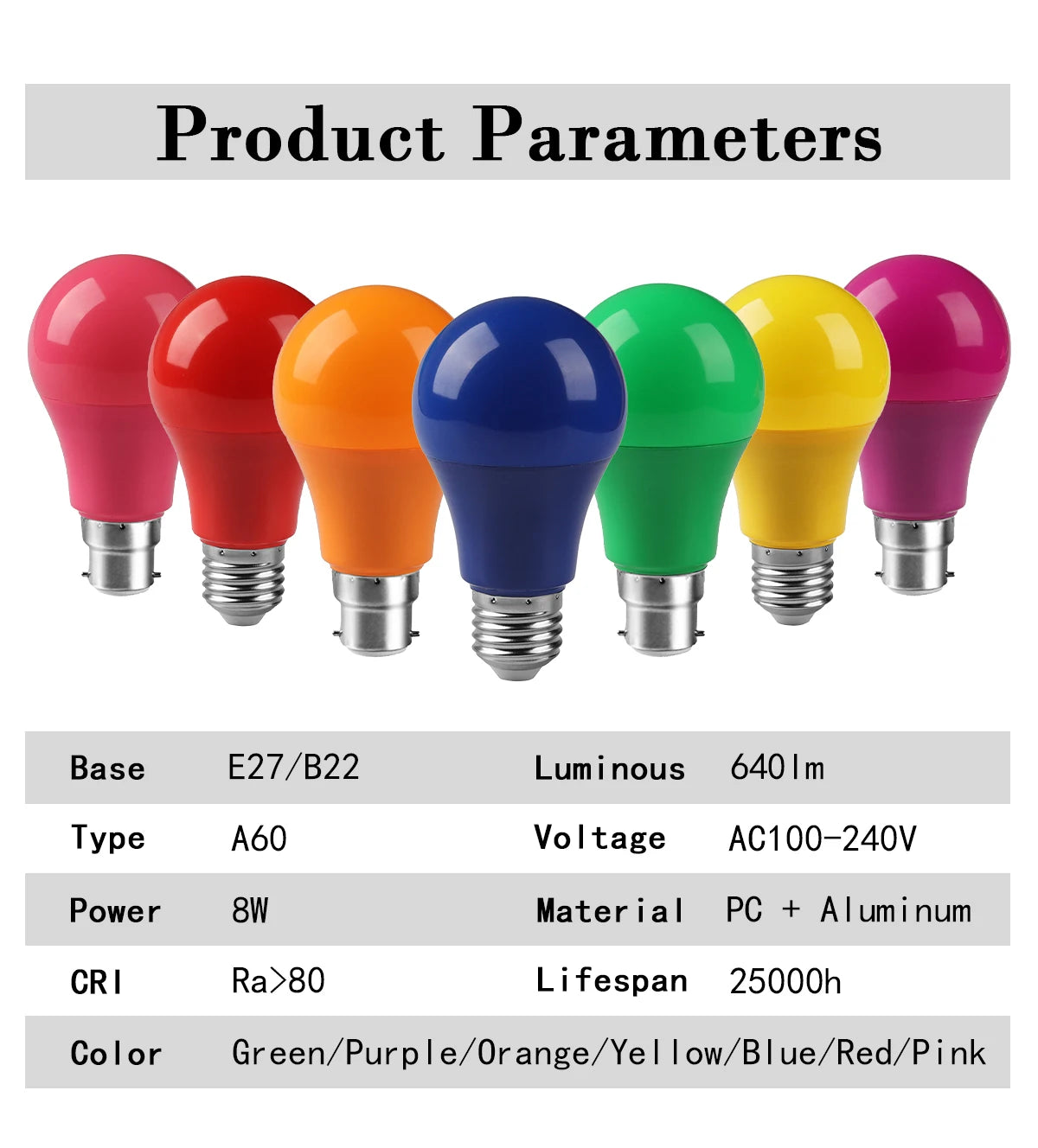 2-10pcs Colorful Bulb B22 E27 110V 220V Red Yellow Blue Green Pink Purple Orange Light Bulb Lamp for Home