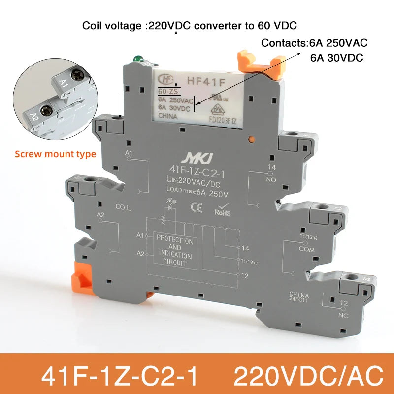 Din Rail Slim Relay Module 41F-1Z-C4-1 Integrated PCB Mount Power Relay With Relay Holder  Relay Socket 6.2mm