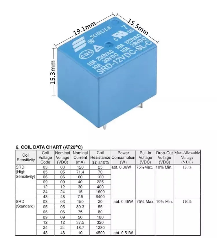 5PCS Relay SRD-03V 05V 06V 09V 12V 24VDC-SL-A/SL-C 10A 4/5 Pin