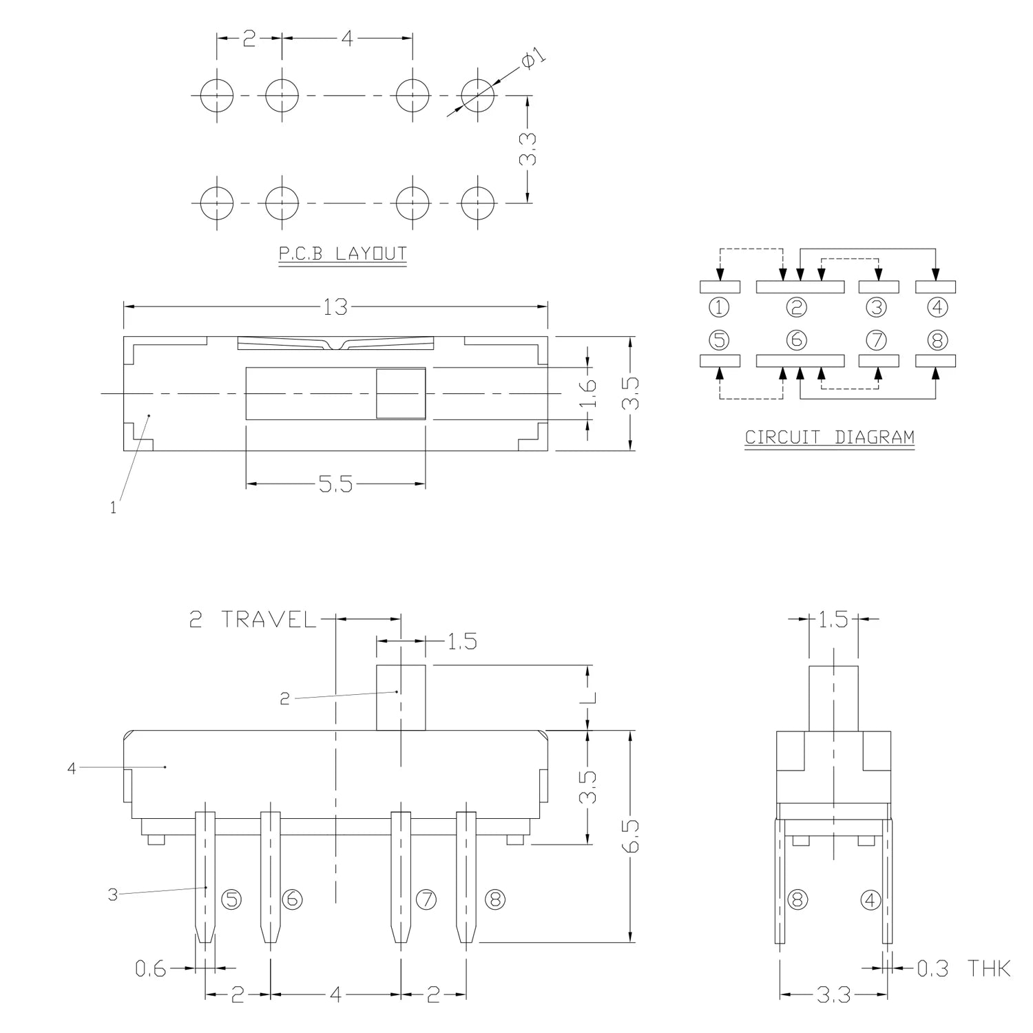 20PCS 8Pin DIP Mini Slide Switch 3Position Micro Toggle Switch 2P3T 13x3.5mm H=2/3/4mm Vertical Slide Switch MSS-23D18
