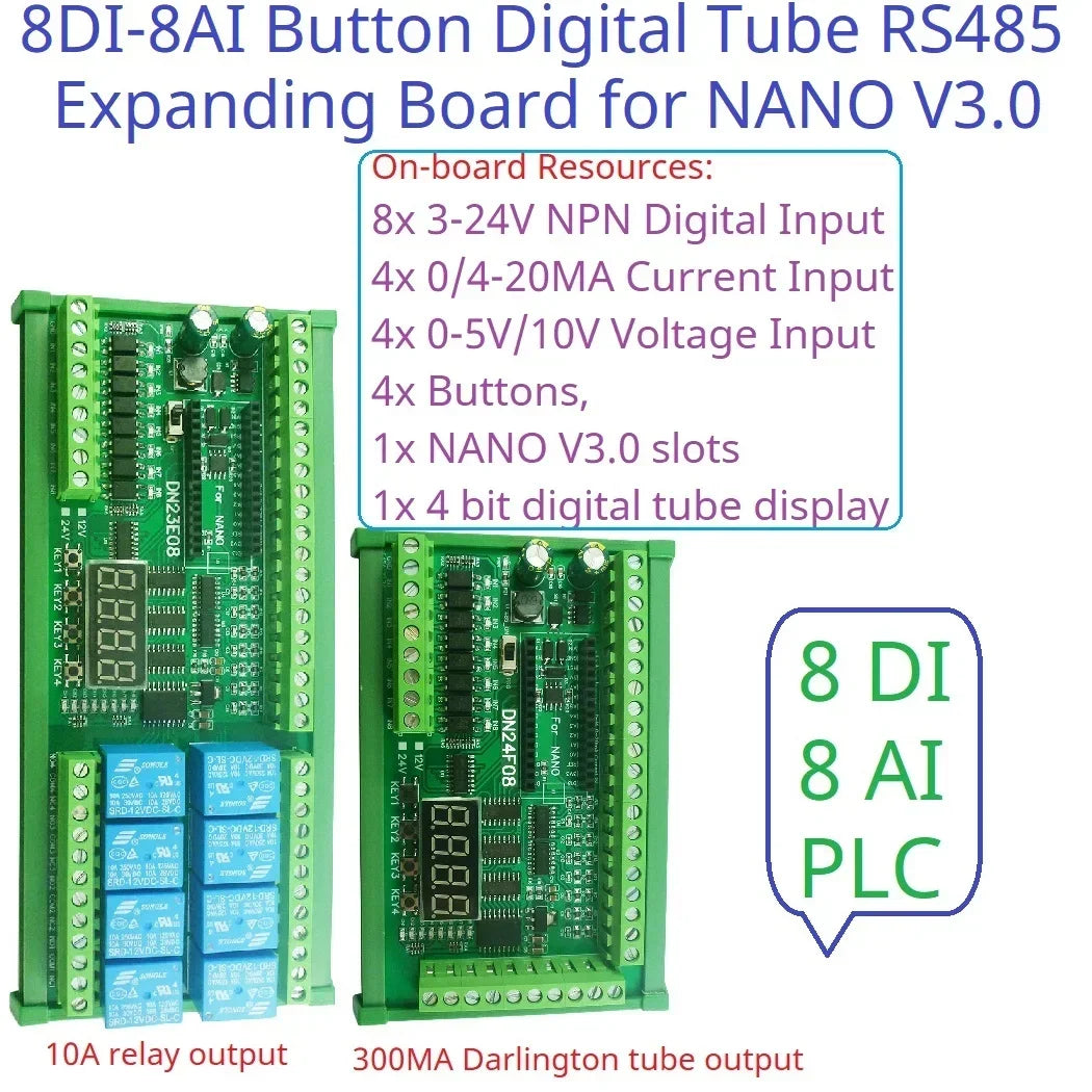 Arduino NANO V3.0 IO Board DC12V/24V RS485 8CH Relay 4-20mA 0-10V Analog Input Opto Isolated Simple PLC Timer Module