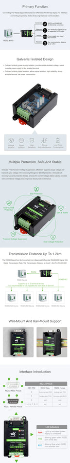 RS232 To RS485 RS422 Active Digital isolated Converter Onboard Original SP3232EEN SP485EEN Chips Options for RS232 DB9 Male
