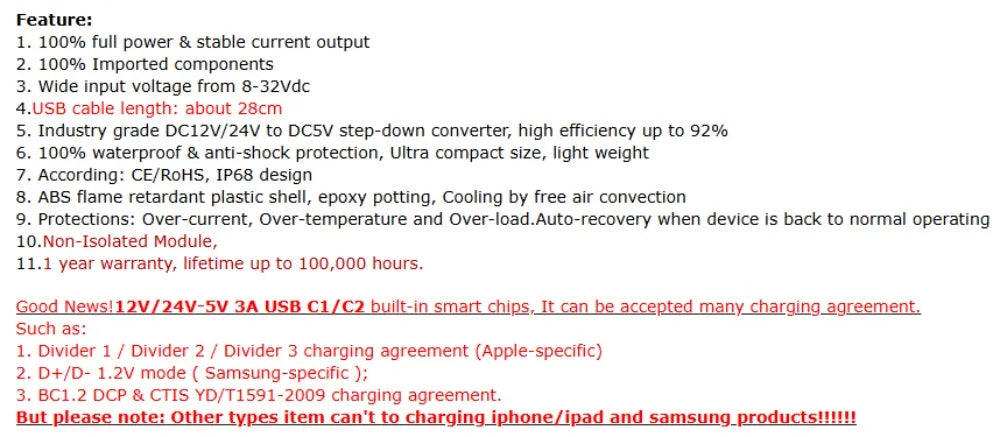 8-32V 12V 24V to 5V 3A DC DC Step Down Converter Type-C USB Power Buck Supply Charger for Mobile Phone iPad Charging Waterproof