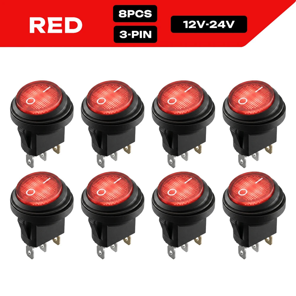 FILN 8PCS 12V 24V 110V 220V Waterproof Rocker Switch 3 Pin LED Lighted ON-OFF Round SPST Toggle Switch for Car Boat Marine PA66