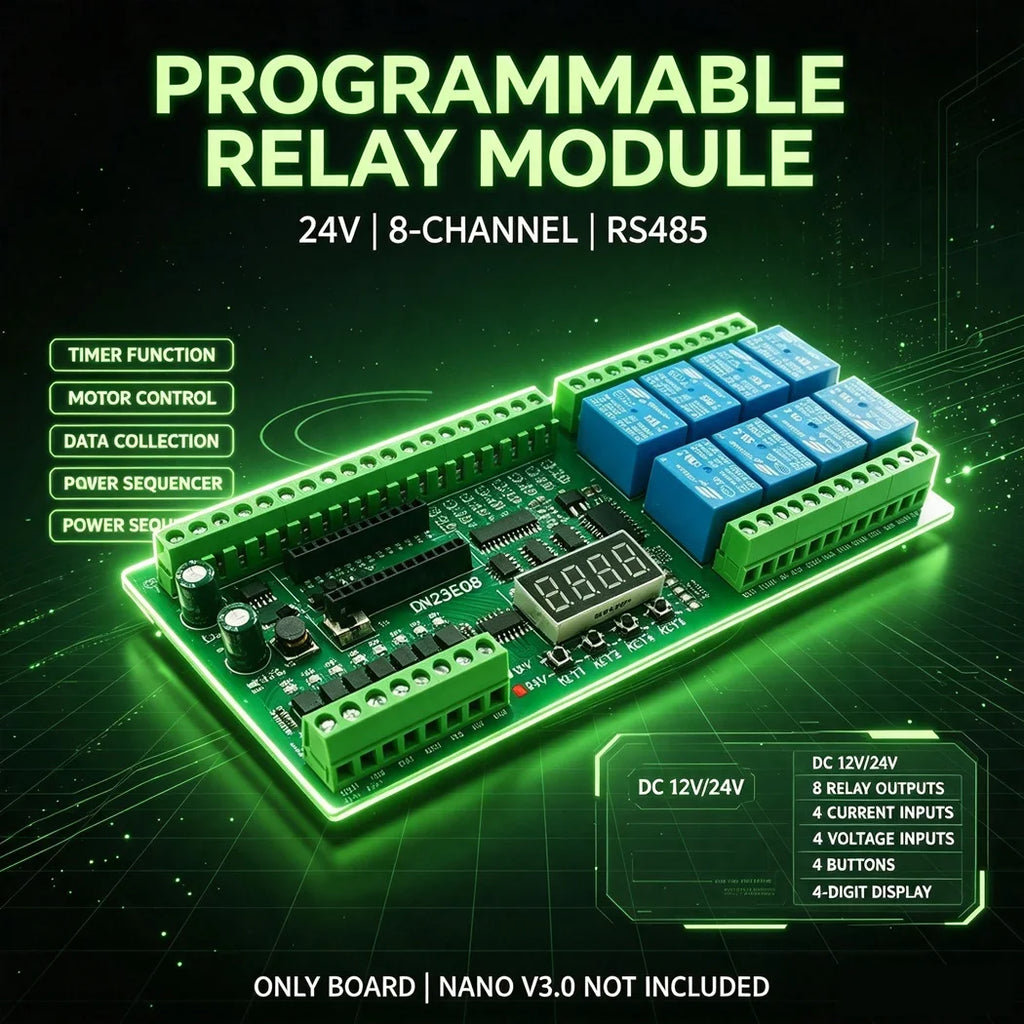 Arduino NANO V3.0 IO Board DC12V/24V RS485 8CH Relay 4-20mA 0-10V Analog Input Opto Isolated Simple PLC Timer Module